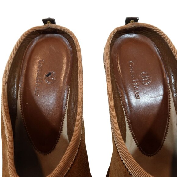 COLE HAAN Cognac Suede Wedge Wooden 3" Heel Mules Shoes Size 8B Slip On Casual - Picture 6 of 10